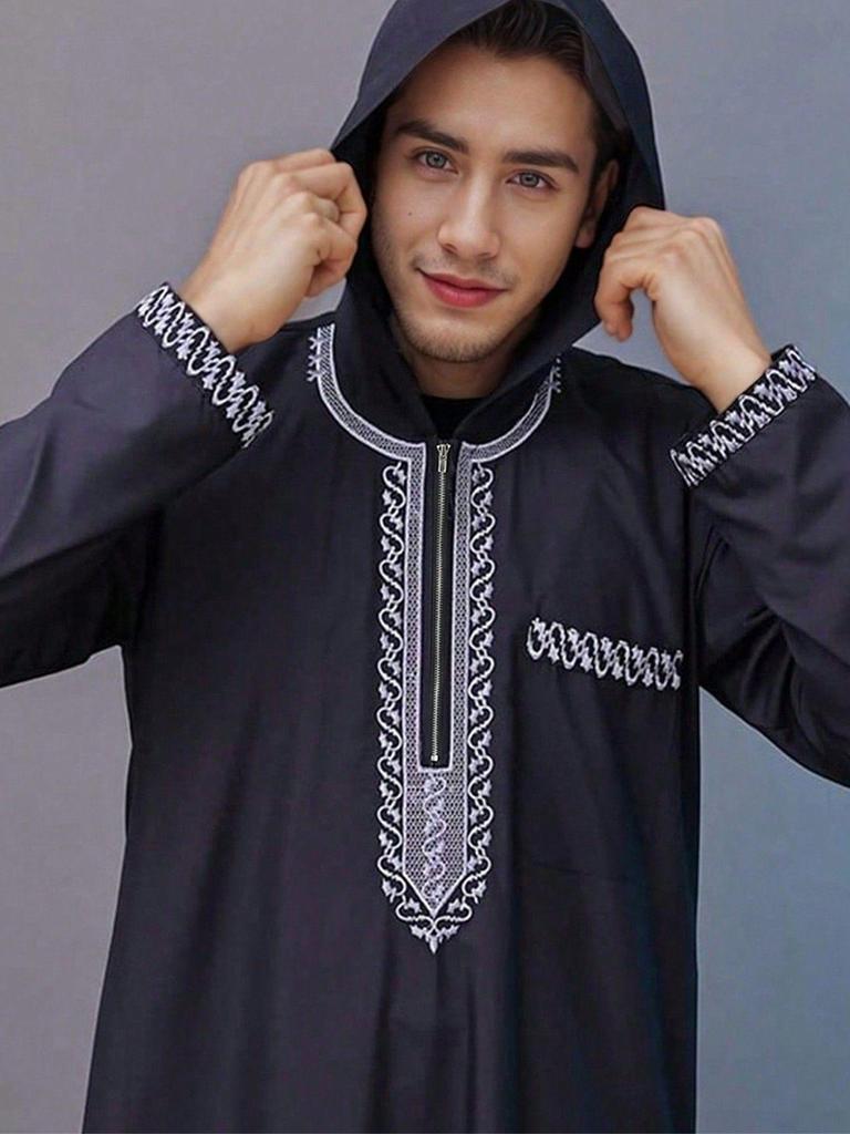 Embroidered Hooded Robe for Muslim Men, New Style Middle Eastern Thobe, Loose Long Sleeve Ethnic Design, Available Now