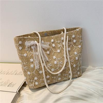 Summer New Korean Version Lace Straw Woven Large-capacity Tote Bag Portable Shoulder Shopping Bag Perfect for Everyday Use, Travel & Beach Outings