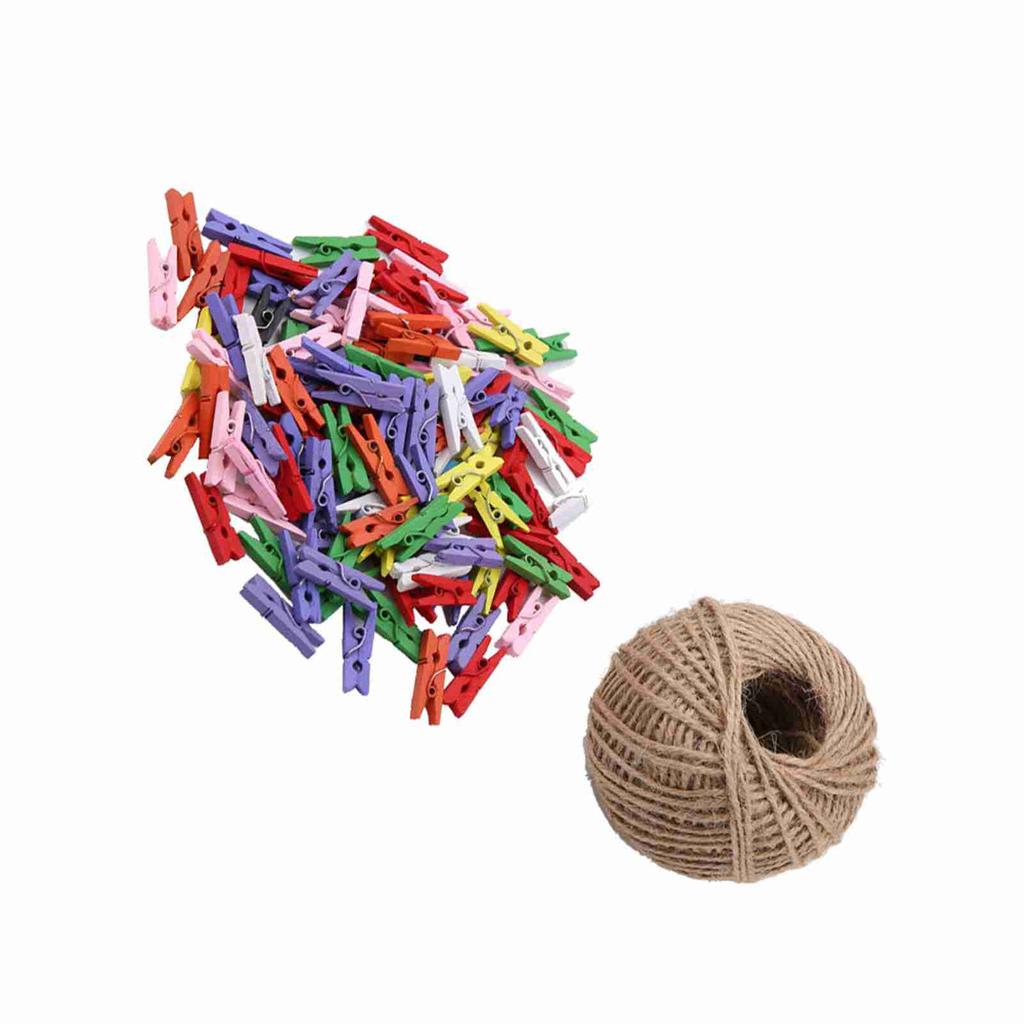 200pcs Natural Wooden Mini Clothespins Clip Peg with 1 Roll 50 Meter Jute Twine Crafts Decor