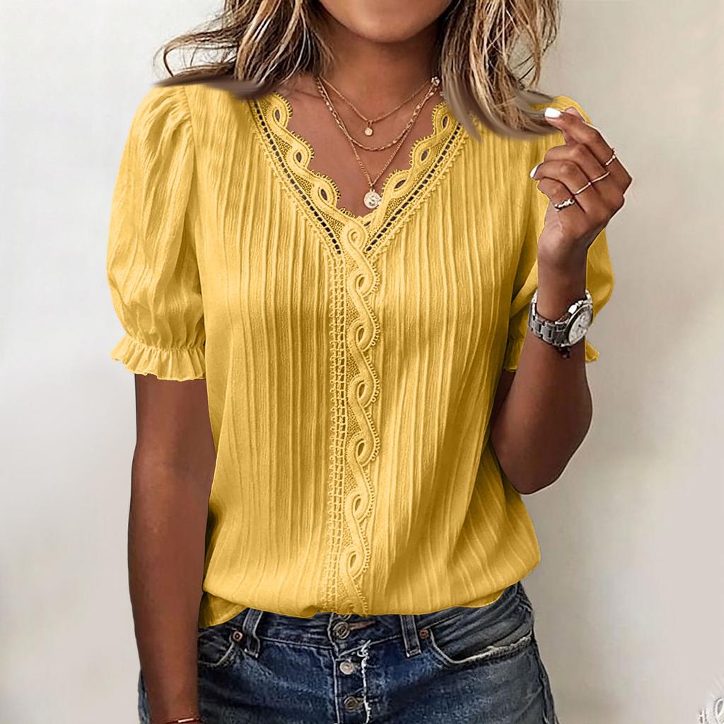 Women Casual Hollow Out Short Sleeve Blouse V Neck Lace Trim Puff Sleeve Lightweight Top for Everyday Wear