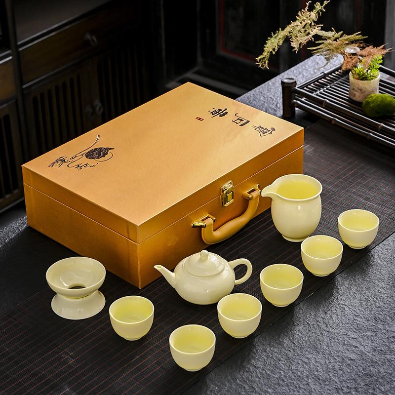 

Ceramic suet jade gem yellow tea set ten-piece set high-end gift box teapot teacup living room household solid color