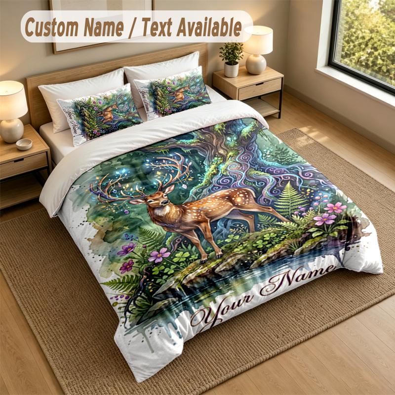 Deer Theme Personalized 3Pcs Bedding Set Custom Text & Name 1 Sheet 2 Pillowcases Household Bedding 1pc