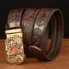 Belt Genuine Leather Belt for Men Carving Flower Pattern Gold Automatic Buckle Belt Strap for Jeans