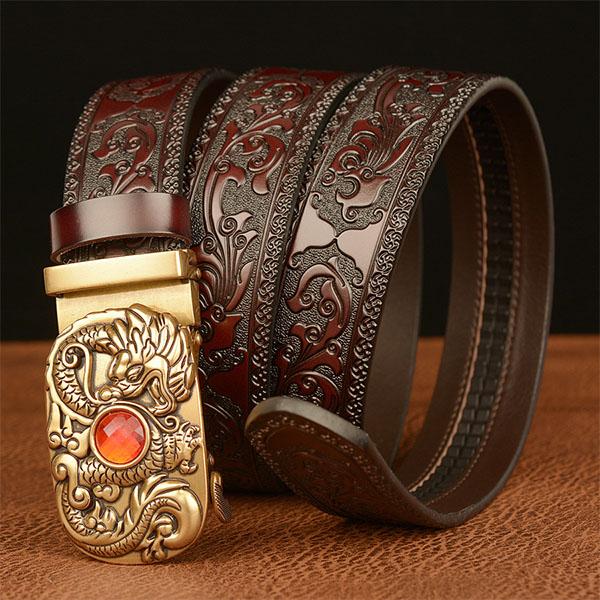 Belt Genuine Leather Belt for Men Carving Flower Pattern Gold Automatic Buckle Belt Strap for Jeans