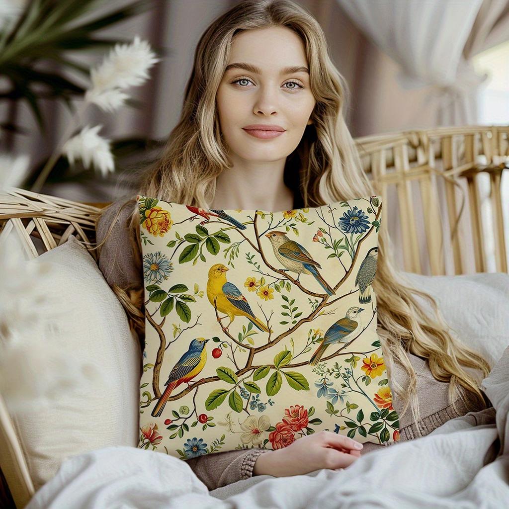 Bird On Tree Illustration Pillow Cover Single Sided Print Peach Skin Fabric Soft Durable Perfect For Livingroom Sofa Decoration