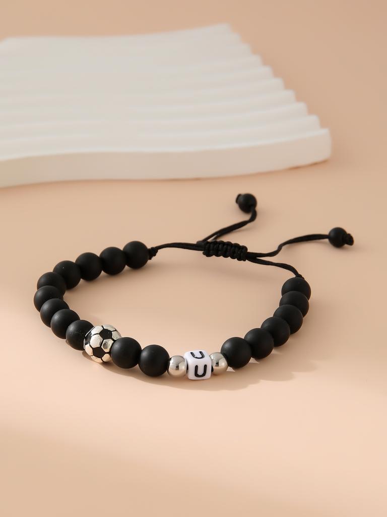 Mattschwarzes Fußball-Alphabet Verstellbares Perlenarmband Unisex Sport-Armband Schmuck