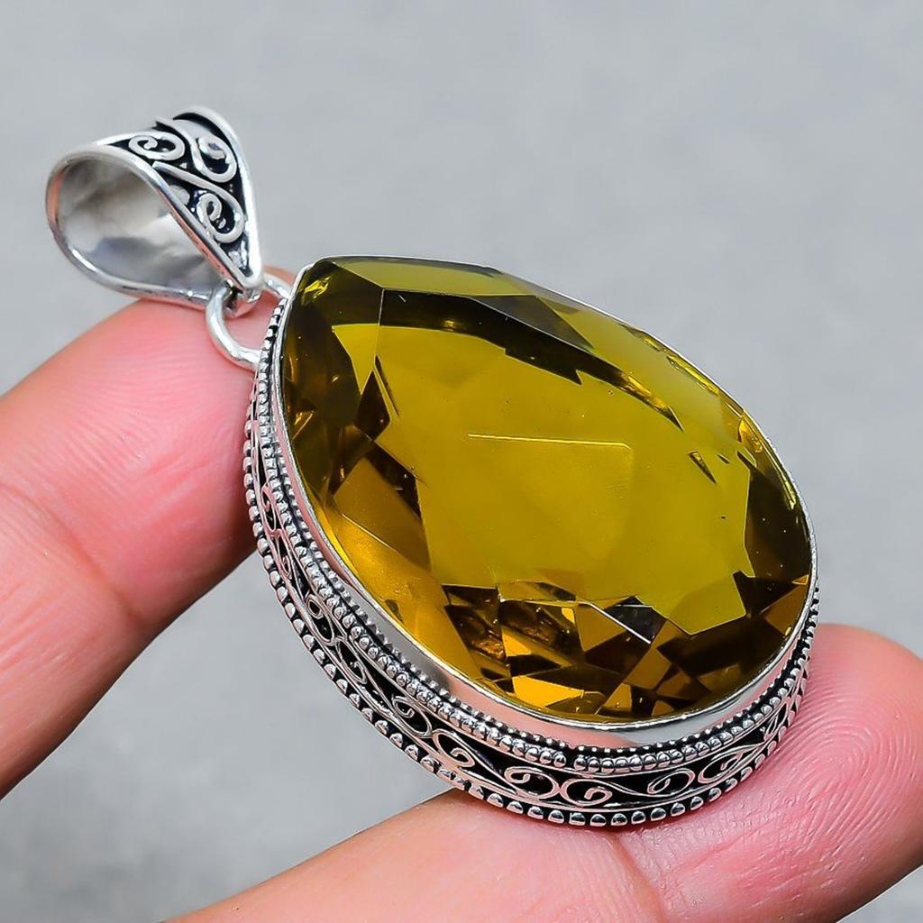 Lab Created Citrine Vintage Pendant 2.3" Silver Tone Pear Cut Gemstone Jewelry