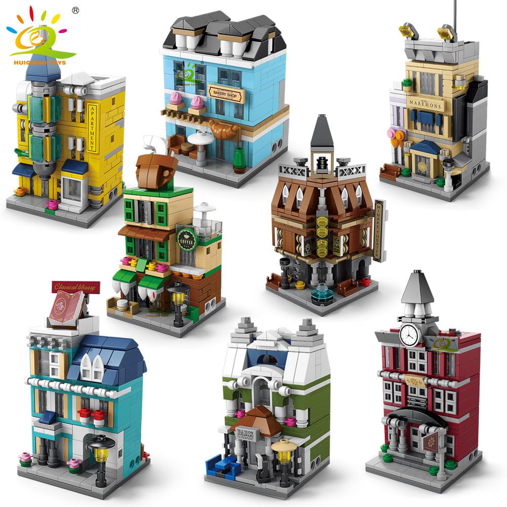 HUIQIBAO Moc Architecture Street View Building Blocks coffee Store Restaurant Room Children City Construction Brick Toy Set Gift