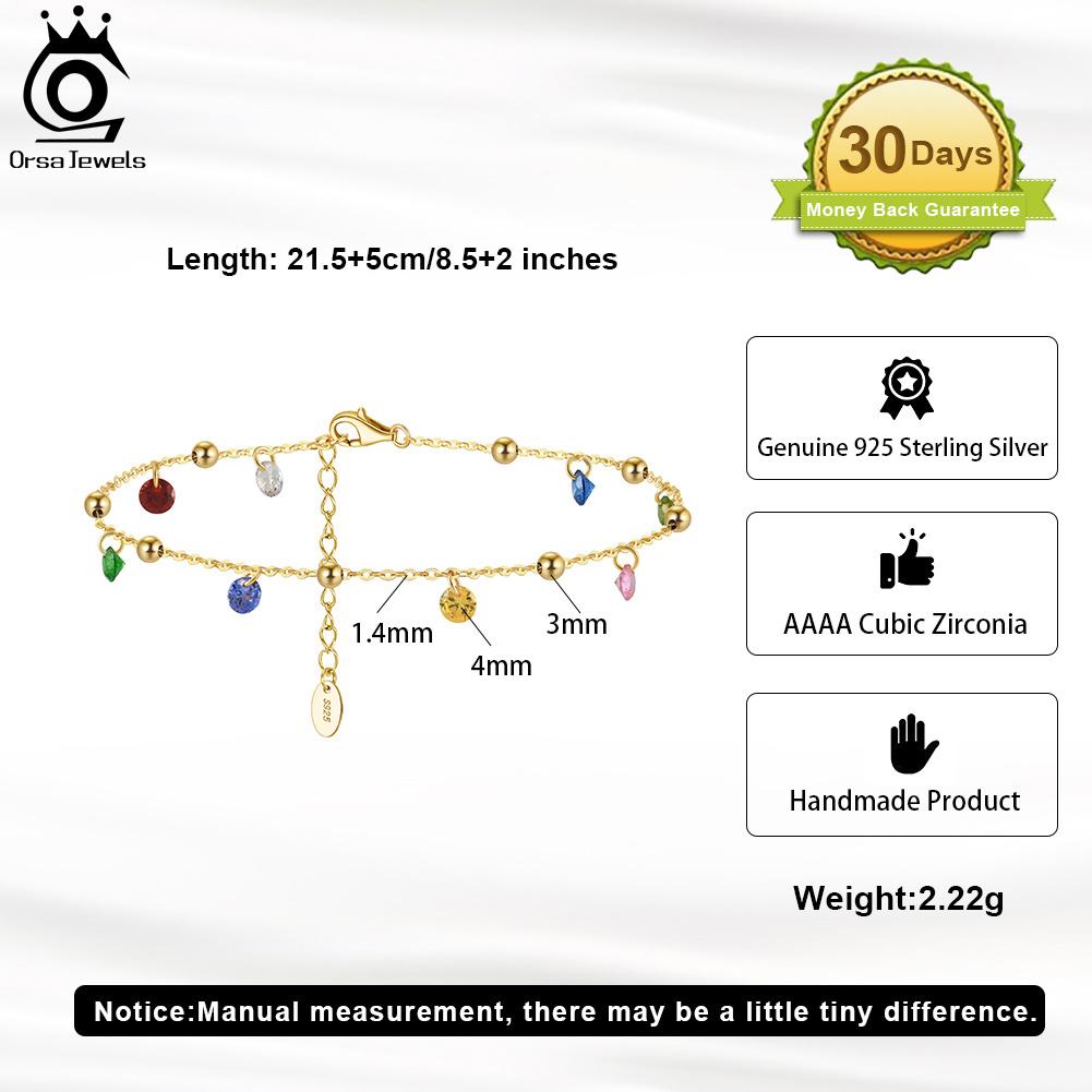 ORSA JEWELS New Summer Beach Anklet Fashion 925 Silver Cable Chain Multicolor 4A Zircon Anklet for Women jewelry SA93