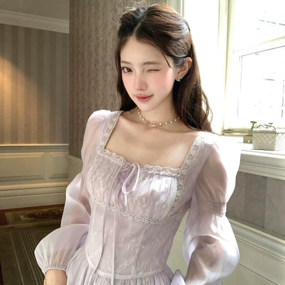 Square neck long sleeve purple long dress women's summer French retro daughter style temperament waist skirt