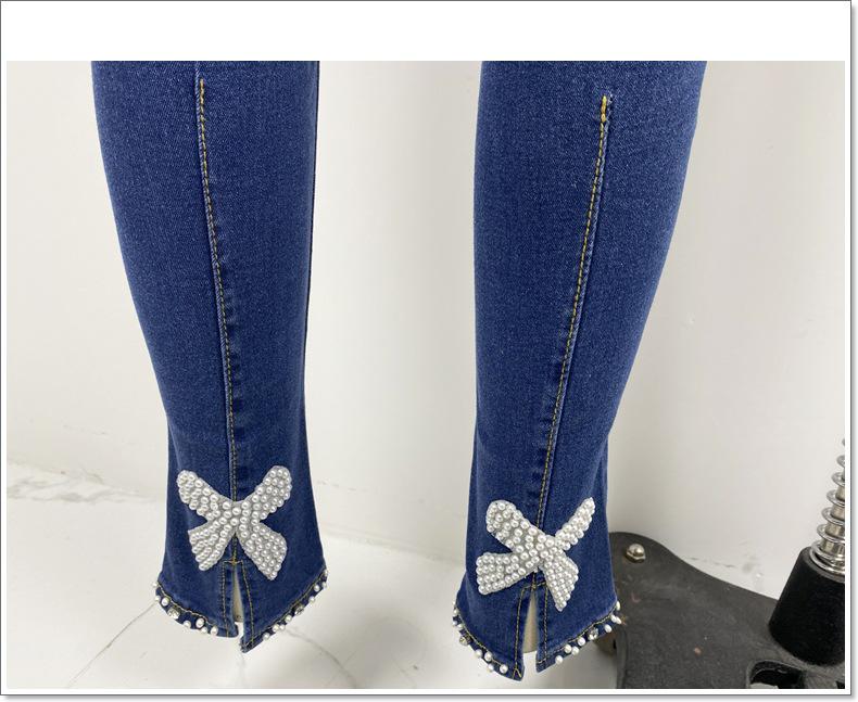 European & American Slim Beaded Butterfly Floral Women's Pencil Jeans
