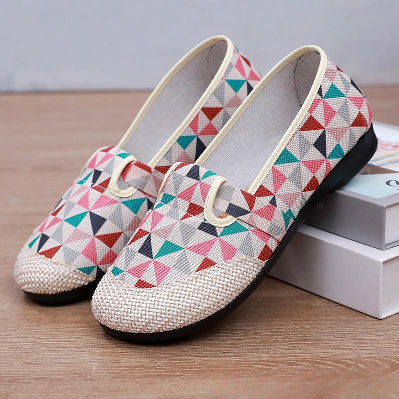 Dámské nazouvací plátěné rybářské boty s barevným pruhovaným vzorem, pohodlné ležérní mokasíny pro celodenní nošení