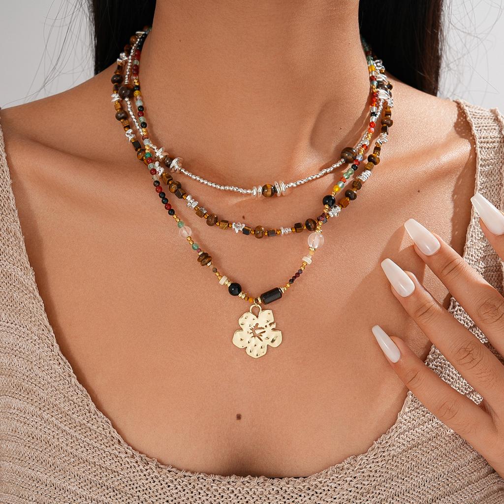 Tiger's Eye Beaded Geometric Round Flower Adjustable Necklace Ethnic Style Item Decoration