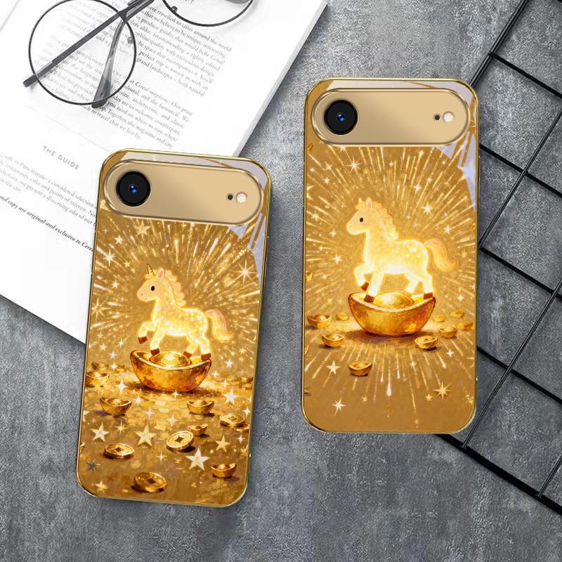 The shining golden pony For IPhone 17Pro Max 16 17 Pro 15 Pro 14 13 Plus 12 Mini 11Pro Max XR 16E 17 Air Golden glass phone case