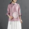 Camicia in cotone e lino retrò in stile cinese da donna, primavera ed estate, stile cinese, collo alto, bottoni, abito da tè ricamato con risvolto obliquo