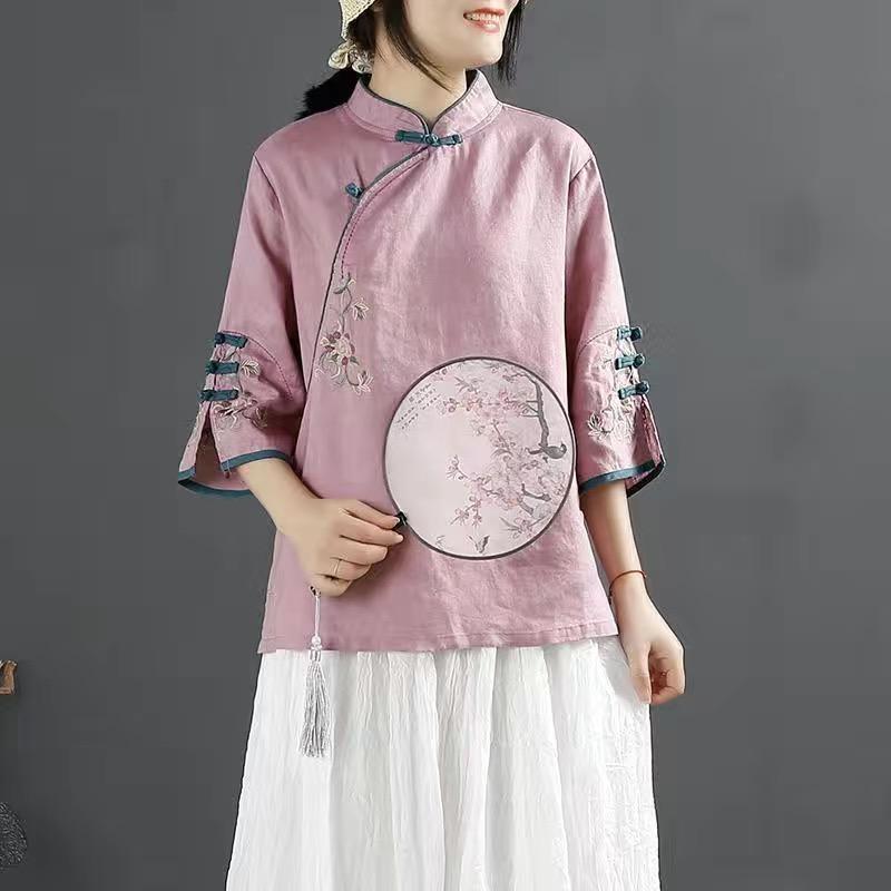Camicia in cotone e lino retrò in stile cinese da donna, primavera ed estate, stile cinese, collo alto, bottoni, abito da tè ricamato con risvolto obliquo