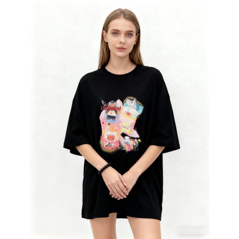 Oversized T Shirt Black Cartoon Animal Print With Text For Casual Wear
