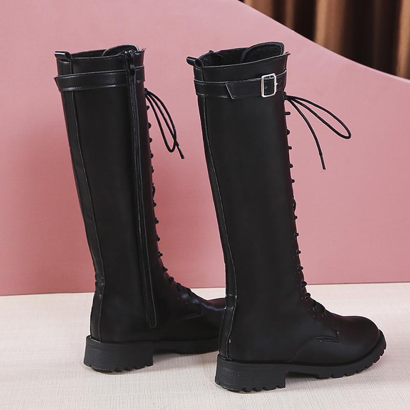 Lucyever Plus Size Autumn Winter Knee High Boots Women Lace Up Low Heels Long Boots Woman Fashion High Tube Pu Leather Botas 43