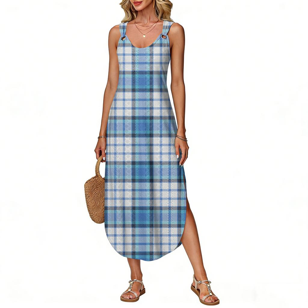 Women's Summer Long Dress, Sleeveless with Side Slits, Long Plaid Printed Vest Dress