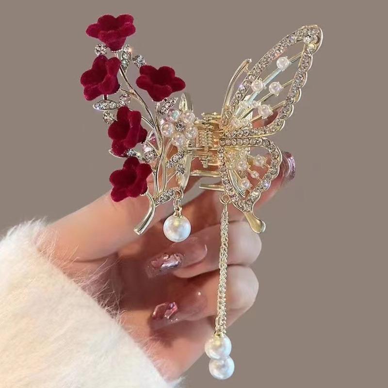 Vintage Velvet Red Rose Hair Claws For Women Luxury Metal Clamp Clip Barrettes Hairpins New Rhinestone Hair Accessories Headwear