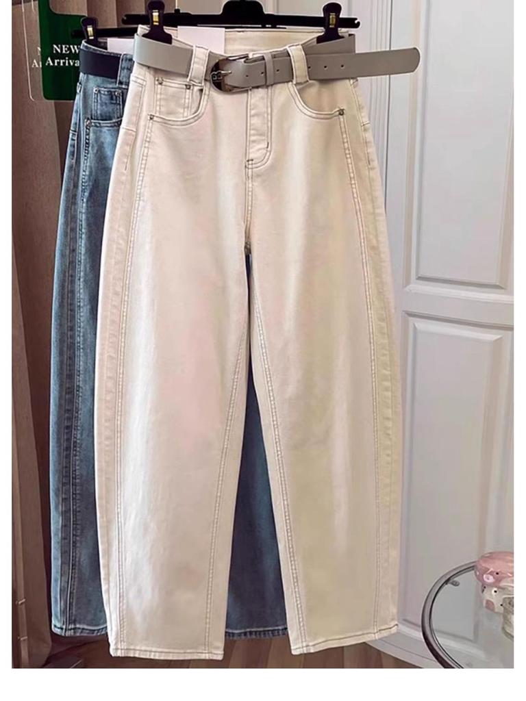 Women's Plus Size High Waist Retro Curved Leg Off-White Jeans – 2025 Style, Loose Fit, Banana Pants