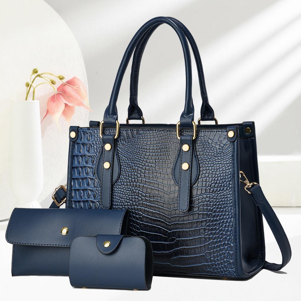 Women’s Trendy European Retro Crocodile Pattern Tote Bag Set, 3Pcs Convertible Top Handle Shoulder Crossbody Purse