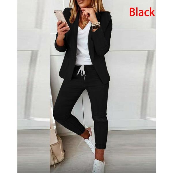 Women Elegant Long Sleeve Blazer Sets Lapel Neck Blazer Coat & Drawstring Pants Set Two Piece Outfits for Women