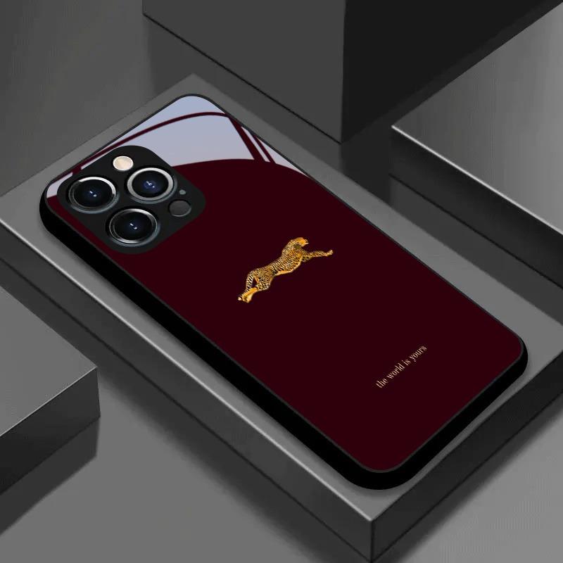 

Wine Red Leopard Pattern Tempered Glass Black Phone Case For Samsung Galaxy S25 S24 S23 Ultra Plus FE Cover Galaxy S24