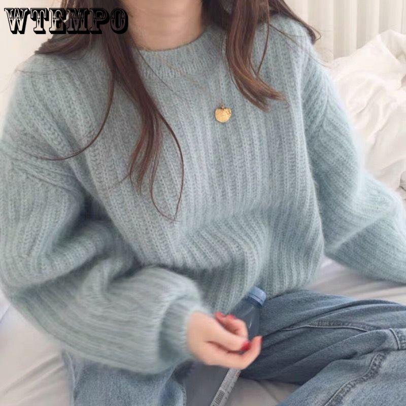Loose Round Neck Knitted Sweater for Women Solid Color Base Sweater for Autumn and Winter