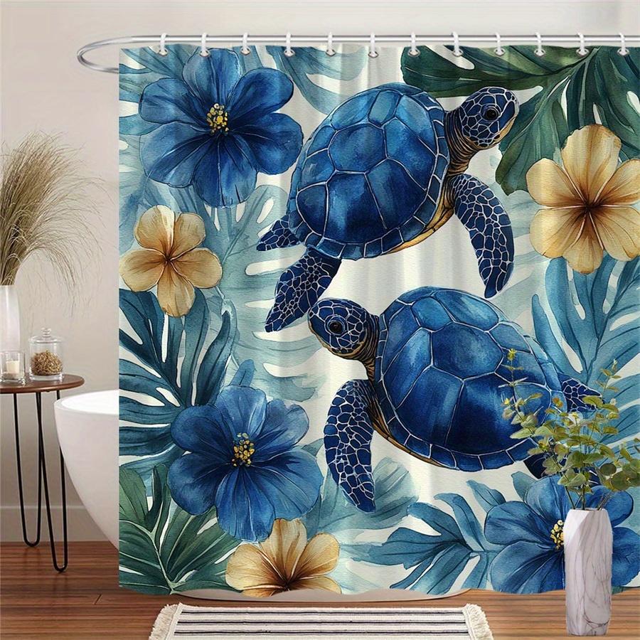 

1pc Blue Turtle and Hibiscus Shower Curtain - Polyester Fabric, Machine Washable, Suitable for Bathroom Decoration 90X180cm