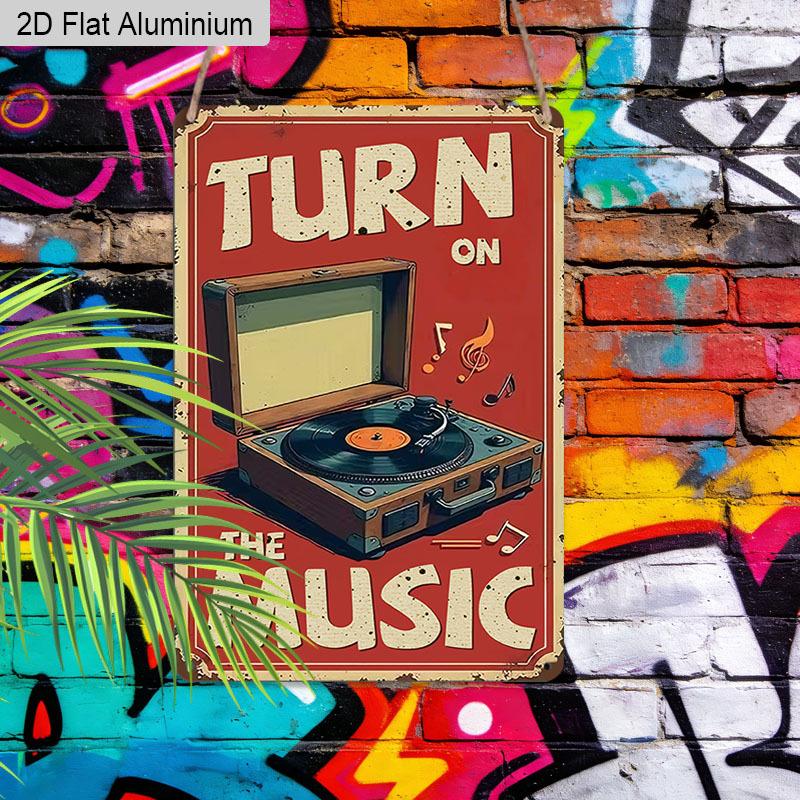 2D Flat 1pc Vintage Music Inspired Aluminium Wall Art Sign Turn on The Music 8x12 Inch Aluminium Rustic Home Bar Decor Music Studio Wall