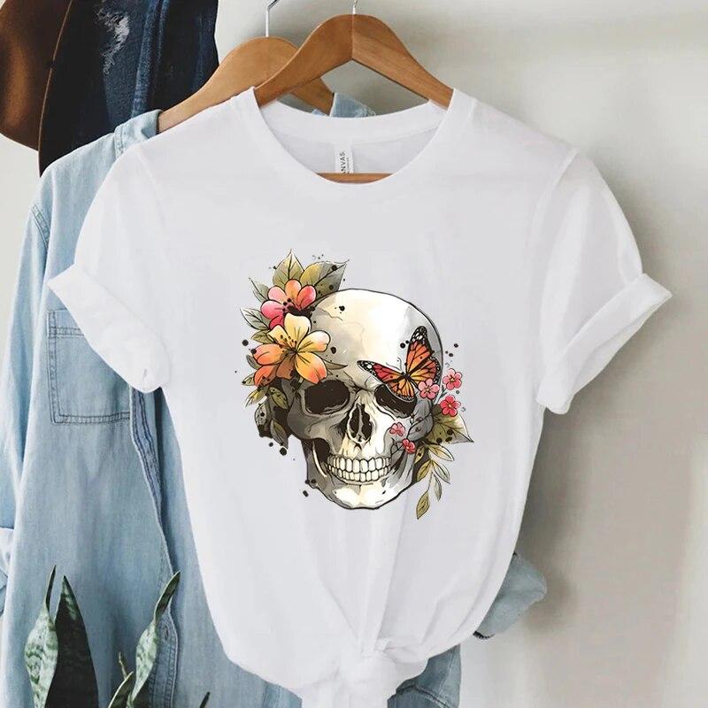 

Винтажные футболки с цветочным принтом и черепом, женские футболки с рисунком скелета в стиле аниме, модные топы 90-х годов 2024 года для подростков, женская футболка с коротким рукавом 6XL