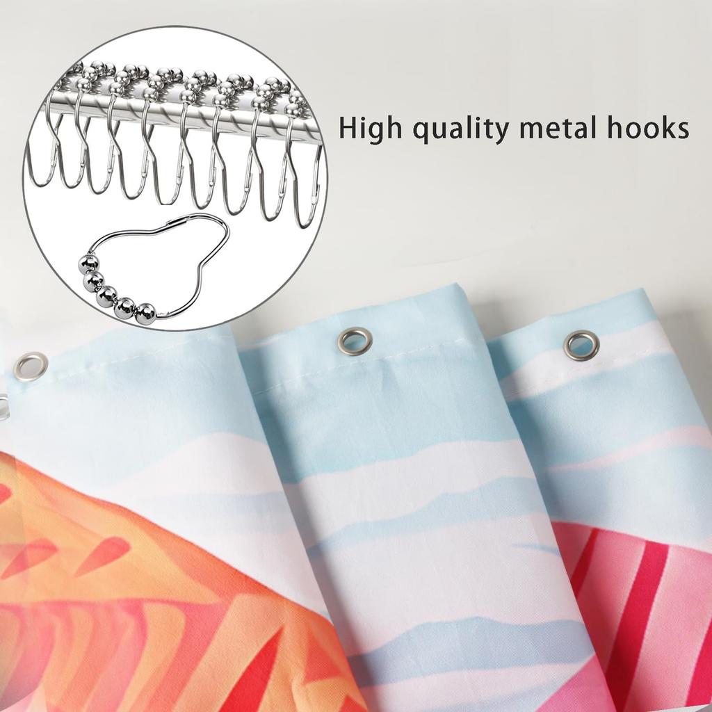 Boho Mountain Floral Shower Curtain, Bright Flowers and Lake Landscape, Waterproof Fabric Bathroom Curtain for Whimsical Decor