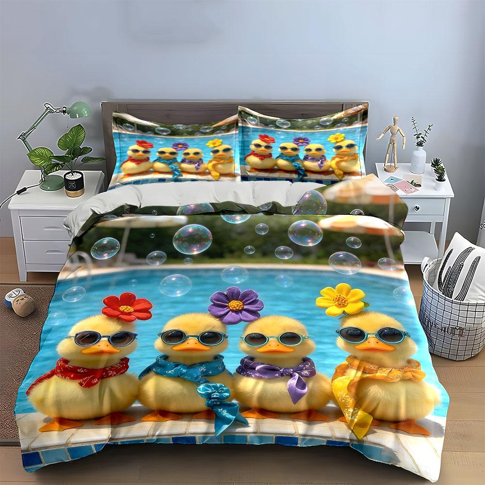 Poolside Duck Figurine Set Soft Comfortable Duvet Cover Bedding Set Included 1*Duvet Cover & 2*Pillowcases, Gift