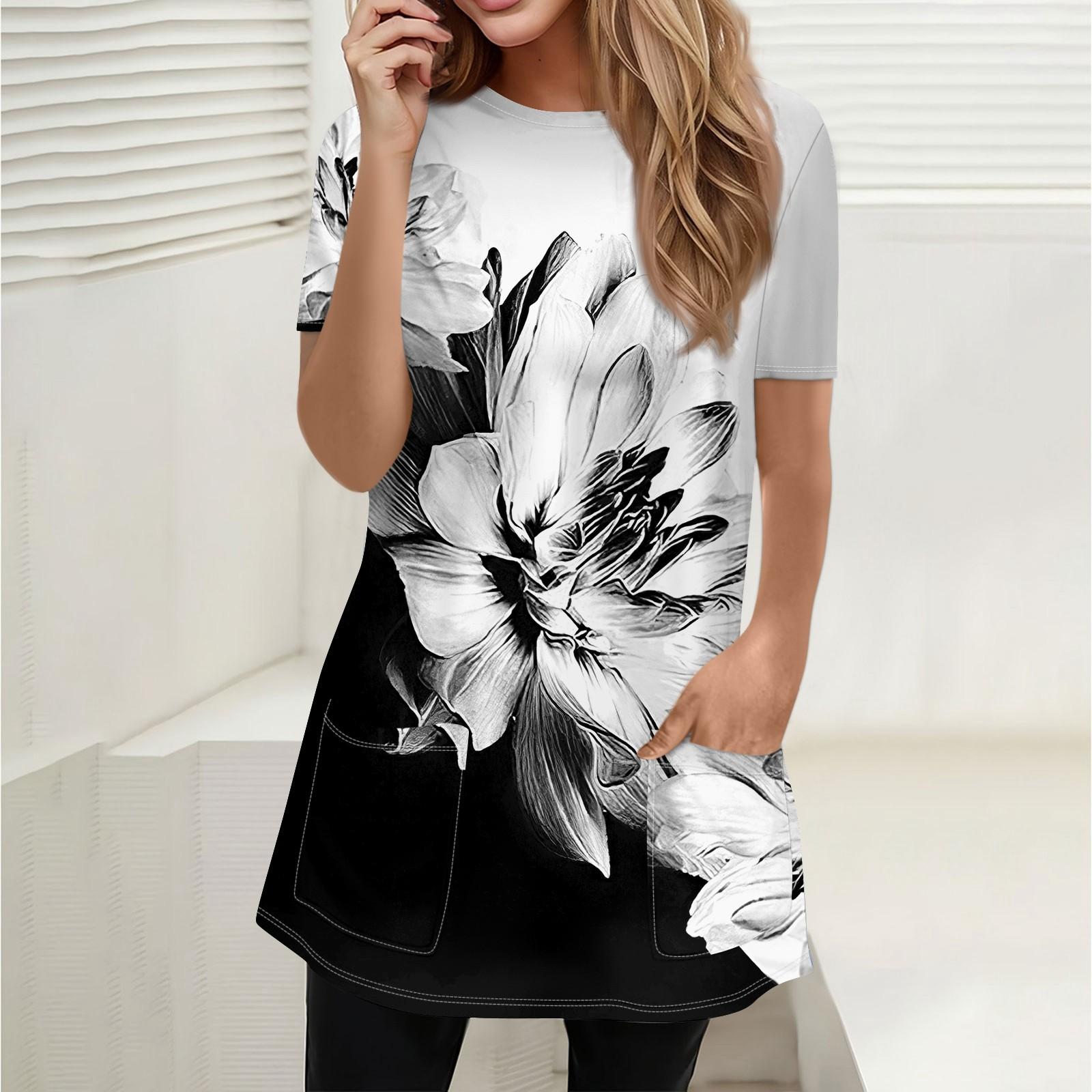 

Жен. Футболка Футболка С принтом С короткими рукавами Повседневные Выходные Мода Классический Круглый вырез Карманы Обычный Топ XXXL серый