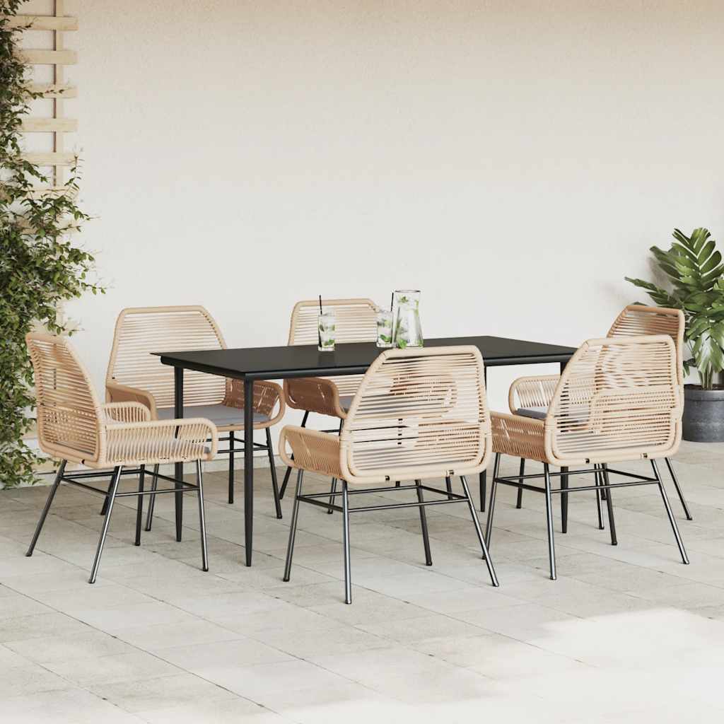 7 Piece Outdoor Dining Set with Cushions Brown Poly Rattan Glass Table