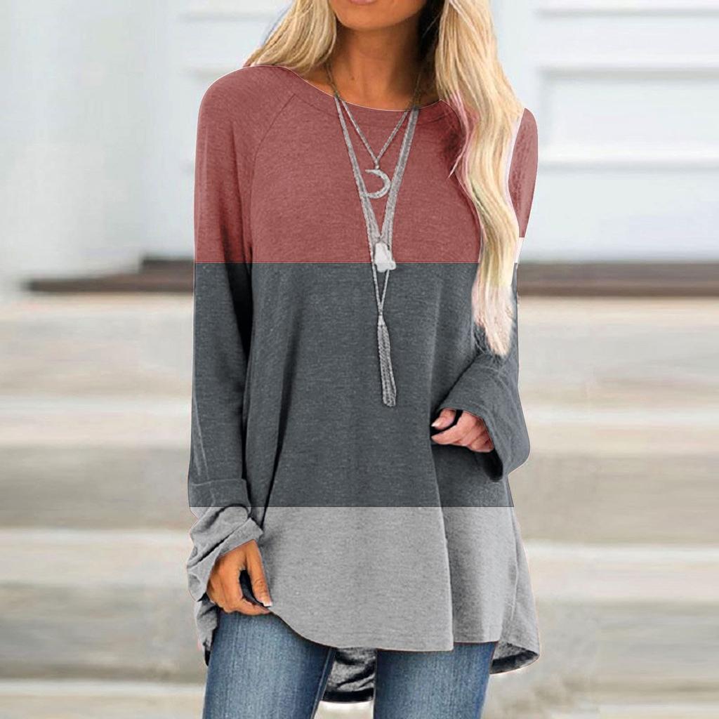 Women's Fashion Casual Irregular Patchwork Color Print Loose Medium Long Long Sleeve Top