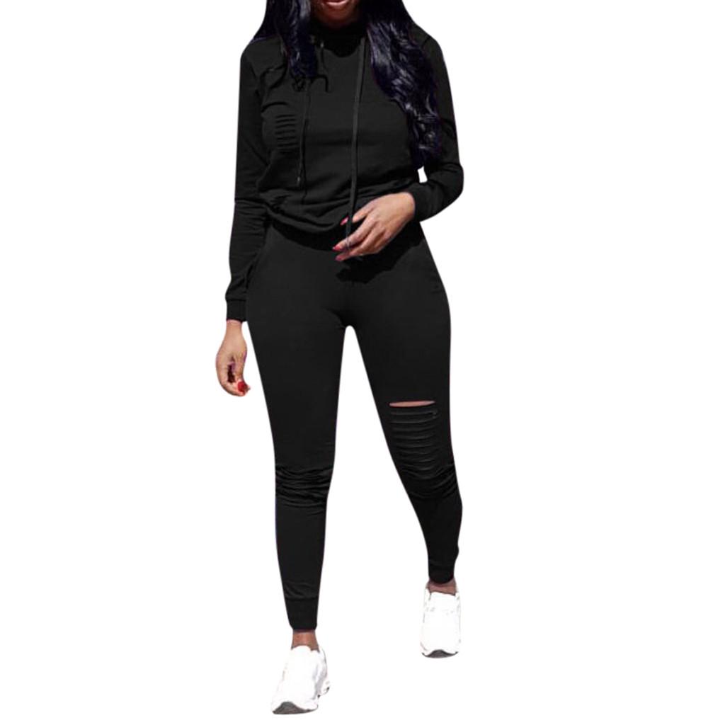 Fashion Womens Long Sleeve Hole Pocket Hoodies Drawstring Pants Loose Tops Set