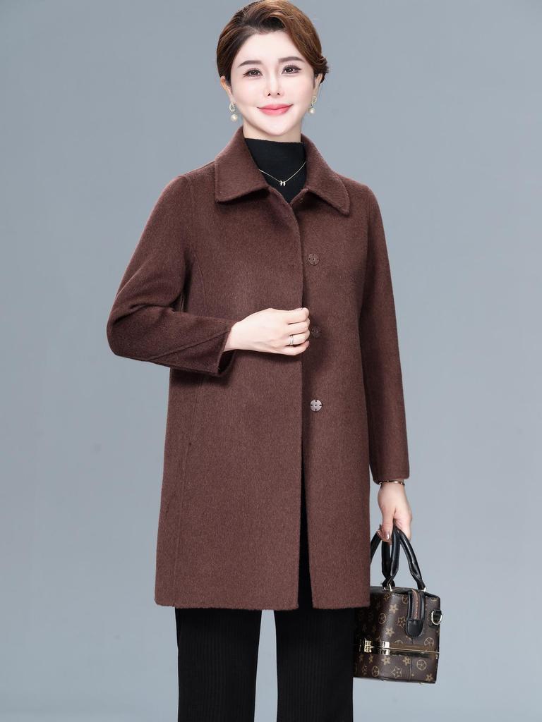 Women's Plus Size Mid-Length Wool Coat - Double-Sided, Fashionable Autumn/Winter Outerwear for Middle-Aged and Elderly