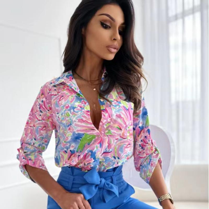 Camicia Vintage a Maniche Lunghe con Stampa Donna Colletto Classico Blusa Casual Top da Ufficio Abbottonatura Camicie Eleganti Larghe Femminili 24189