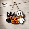 Halloween Party Supplies Wooden Door Sign, Pumpkin Ghost Boo Black Cat Welcome Funny Hanger Sign for Trick or Treat Indoor Outdoor Porch Wall Hanging
