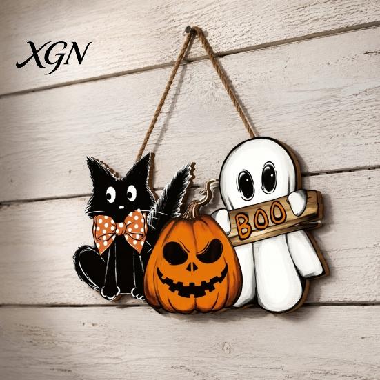 Halloween Party Supplies Wooden Door Sign, Pumpkin Ghost Boo Black Cat Welcome Funny Hanger Sign for Trick or Treat Indoor Outdoor Porch Wall Hanging