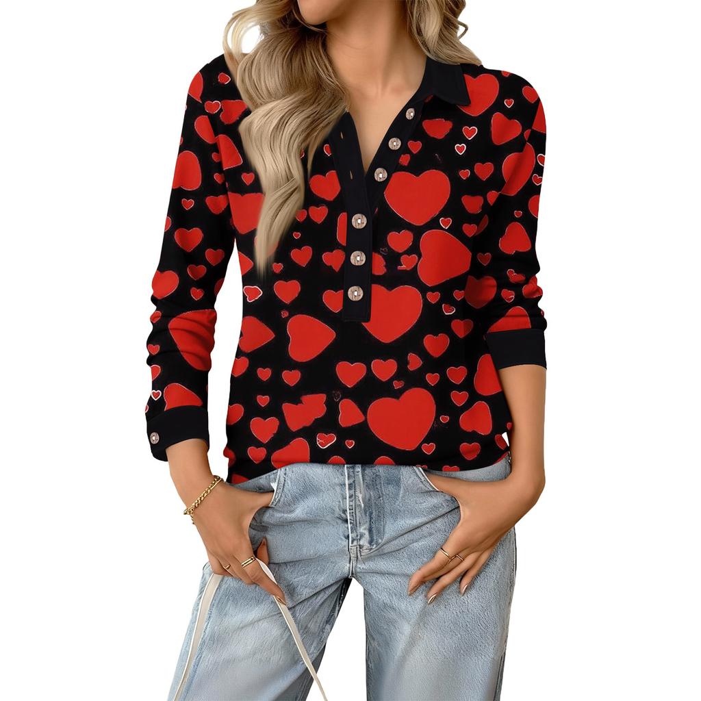 Damen Retro Street Lässiger V-Ausschnitt Langarm Knopf Valentinstag Herz Pullover Top