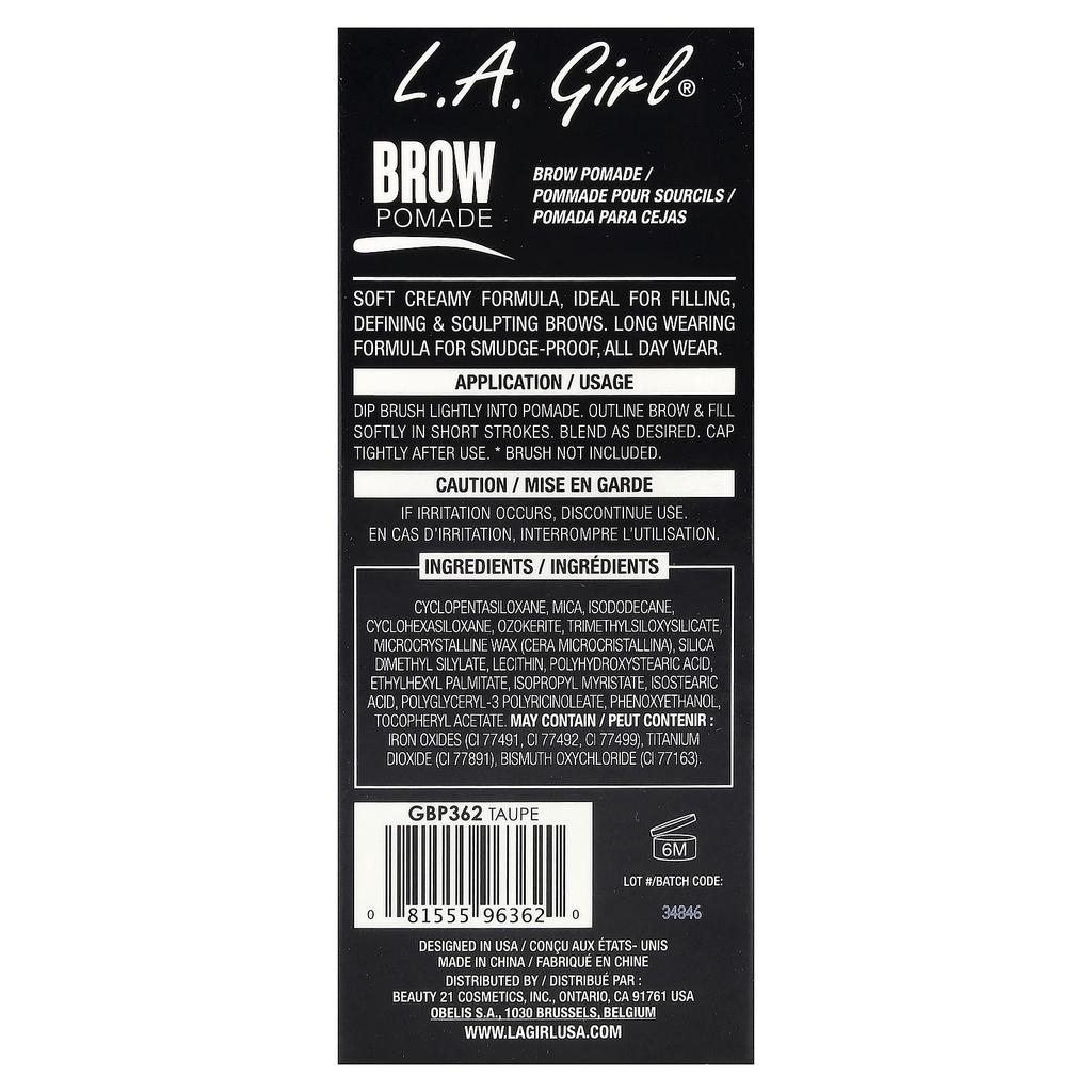 L.A. Girl, Brow Pomade, GBP 362 Taupe, 3g (0.11oz)