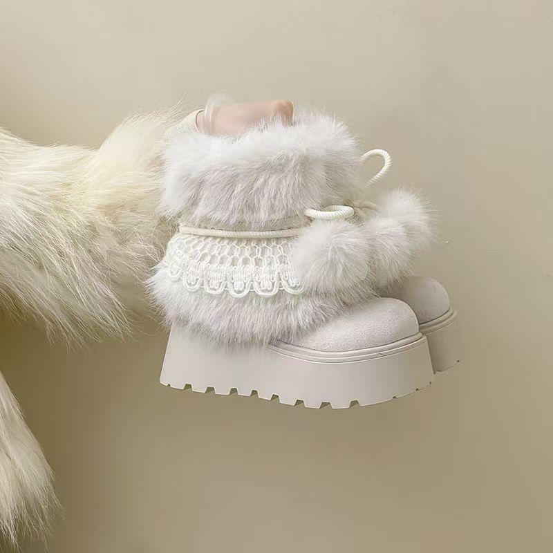 Premium fuzzy boots fashionable thick-soled small cute hairball snow boots winter new plush warm