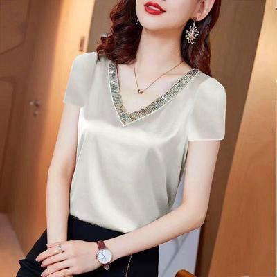Women's Summer V-neck Short Sleeve Loose T Shirt Elegant Beautiful Temperament Top