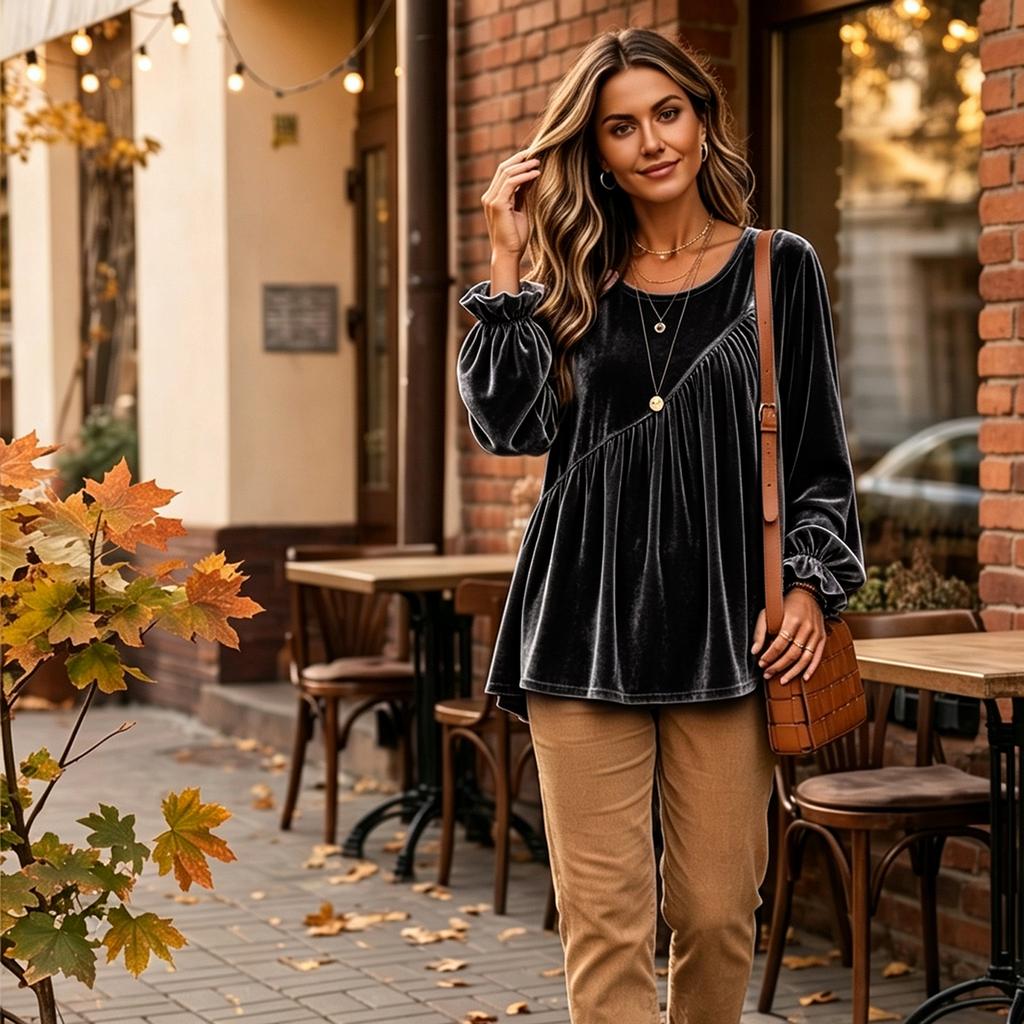 Women's Color Bell Sleeve Top with Round Neck and Long Sleeve