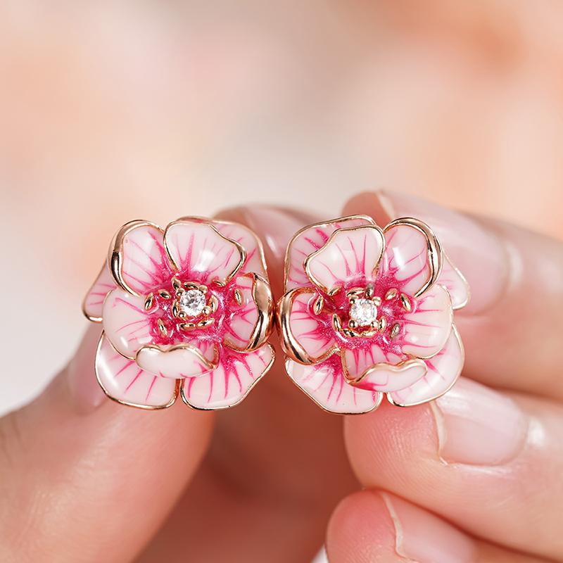 Huitan Romantic Pink Flower Stud Earrings for Women Modern Graceful Piercing Party Zircon Exquisite Temperament Accessories Hot