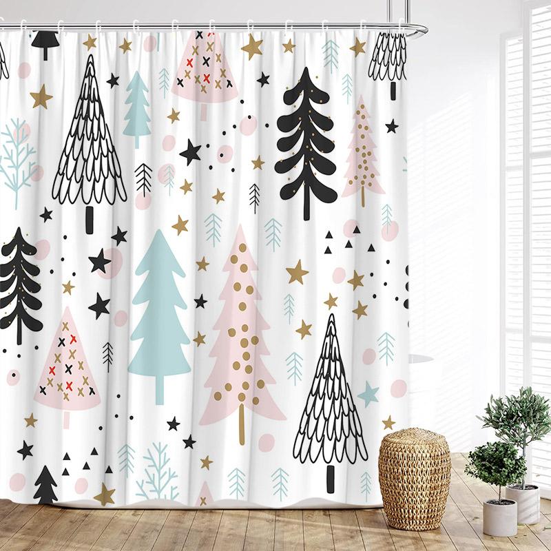 Christmas Shower Curtain Snowflake Star Xmas Trees Bath Curtains Polyester Fabric New Year Home Bathroom Decoration With Hooks