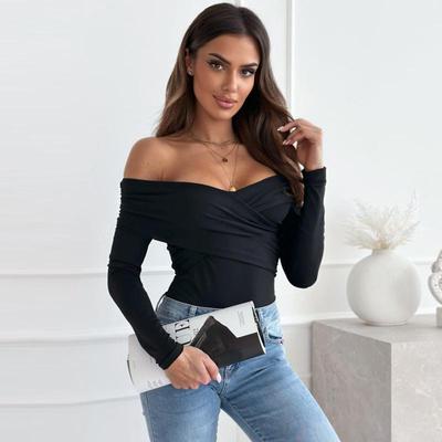 Top de Manga Larga de Color Sólido con Cuello en V y Hombros Descubiertos para Mujer Otoño/Invierno